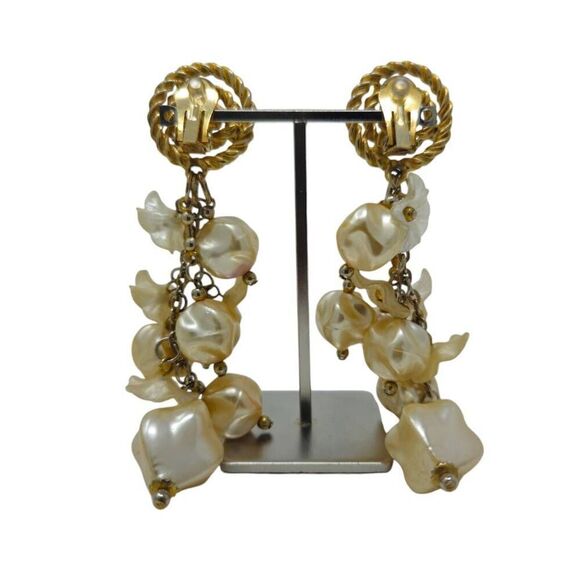 Large Vintage Runway Statement Gold Swirl & Floral Pearl Beaded Dangle Earrings - Picture 10 of 12
